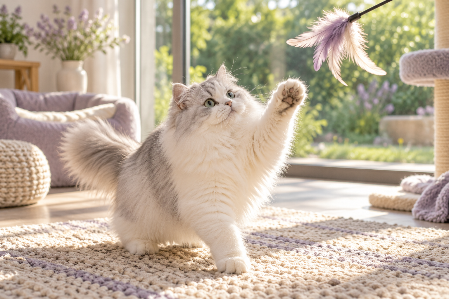 A round fluffy cat playfully reaching for a feather toy in the sunlight