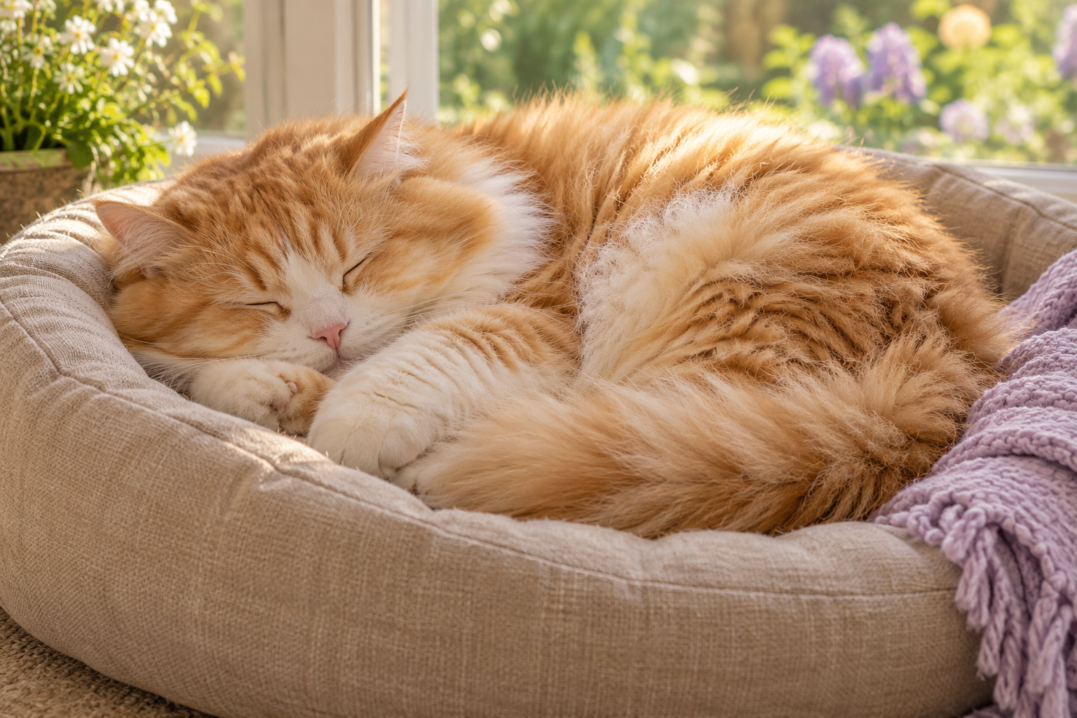 A fluffy ginger cat curled up asleep in a soft linen bed